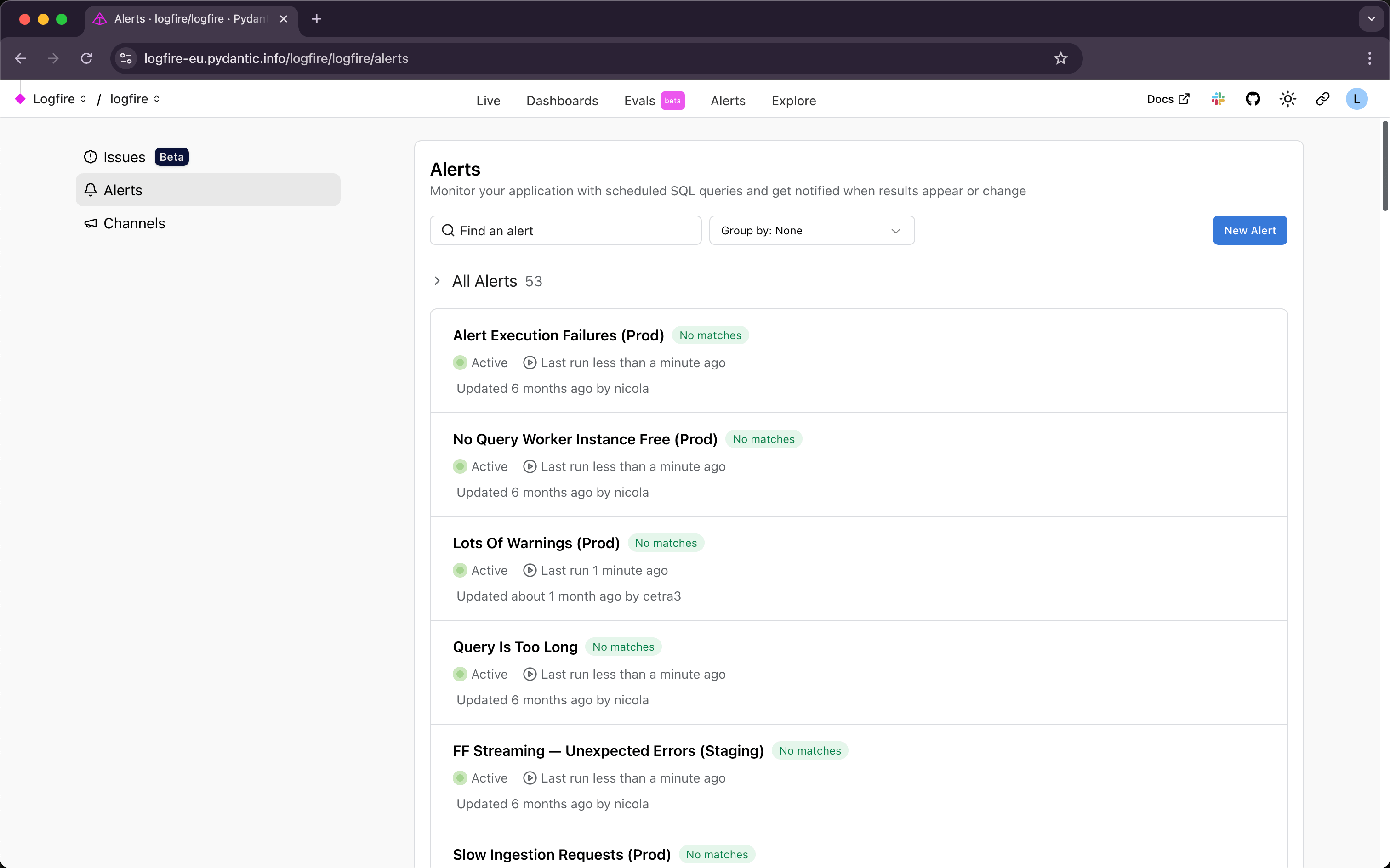 Logfire alerts screen